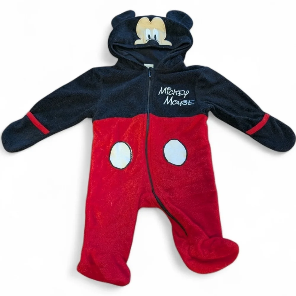 Disney Baby Mickey Mouse Hooded Zip Up Footie Suit Unisex Size 0-3 Months